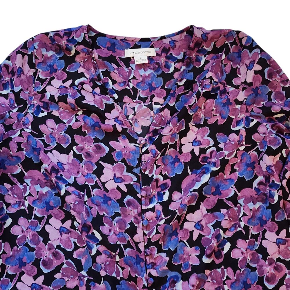 Liz Claiborne Womens Blouse Size L Purple Floral Long Sleeve Button Down V-Neck - Picture 3 of 8